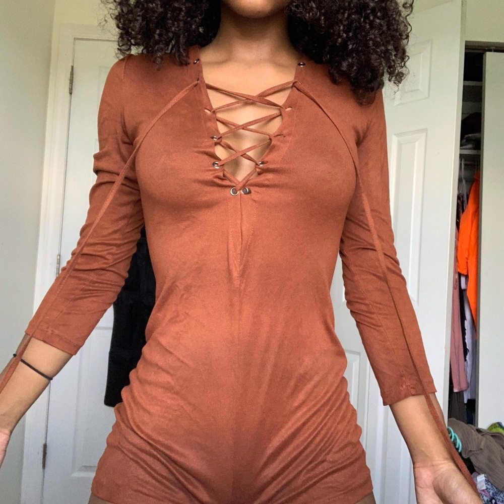 Faux suede brown lace up romper
